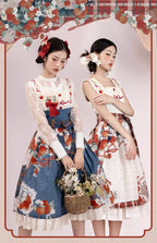 Classic Lolita Blue Vintage Pastoral Fruit Printed Apron Style Original Printed Embroidered