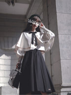 Classic Lolita Bow Accented Cape Set Vest Shirt Long Skirt Western Style JK Uniform School Dress