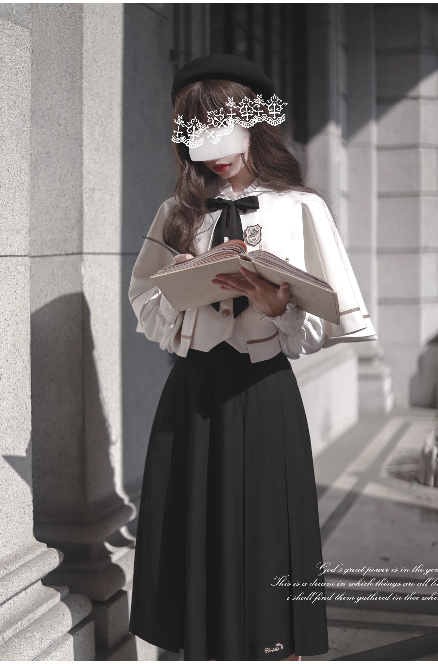 Classic Lolita Bow Accented Cape Set Vest Shirt Long Skirt Western Style JK Uniform School Dress