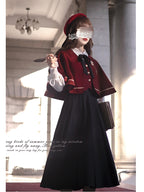 Classic Lolita Bow Accented Cape Set Vest Shirt Long Skirt Western Style JK Uniform School Dress