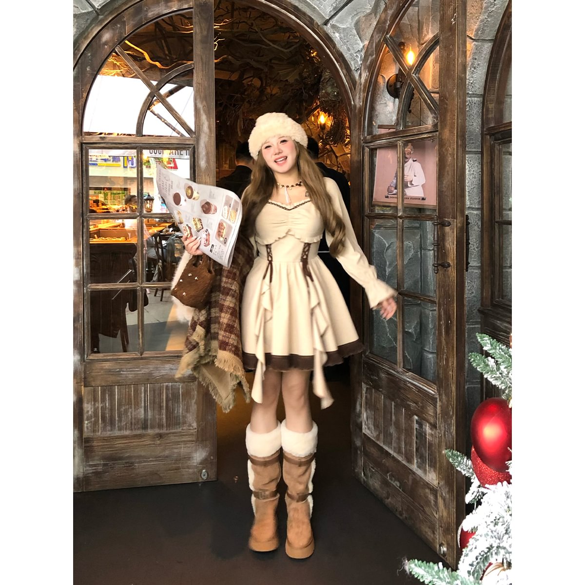 Sweet Lolita Apricot Corduroy Winter Plus Size Cape Two-piece Set Lolita 3XL Lolita Dress
