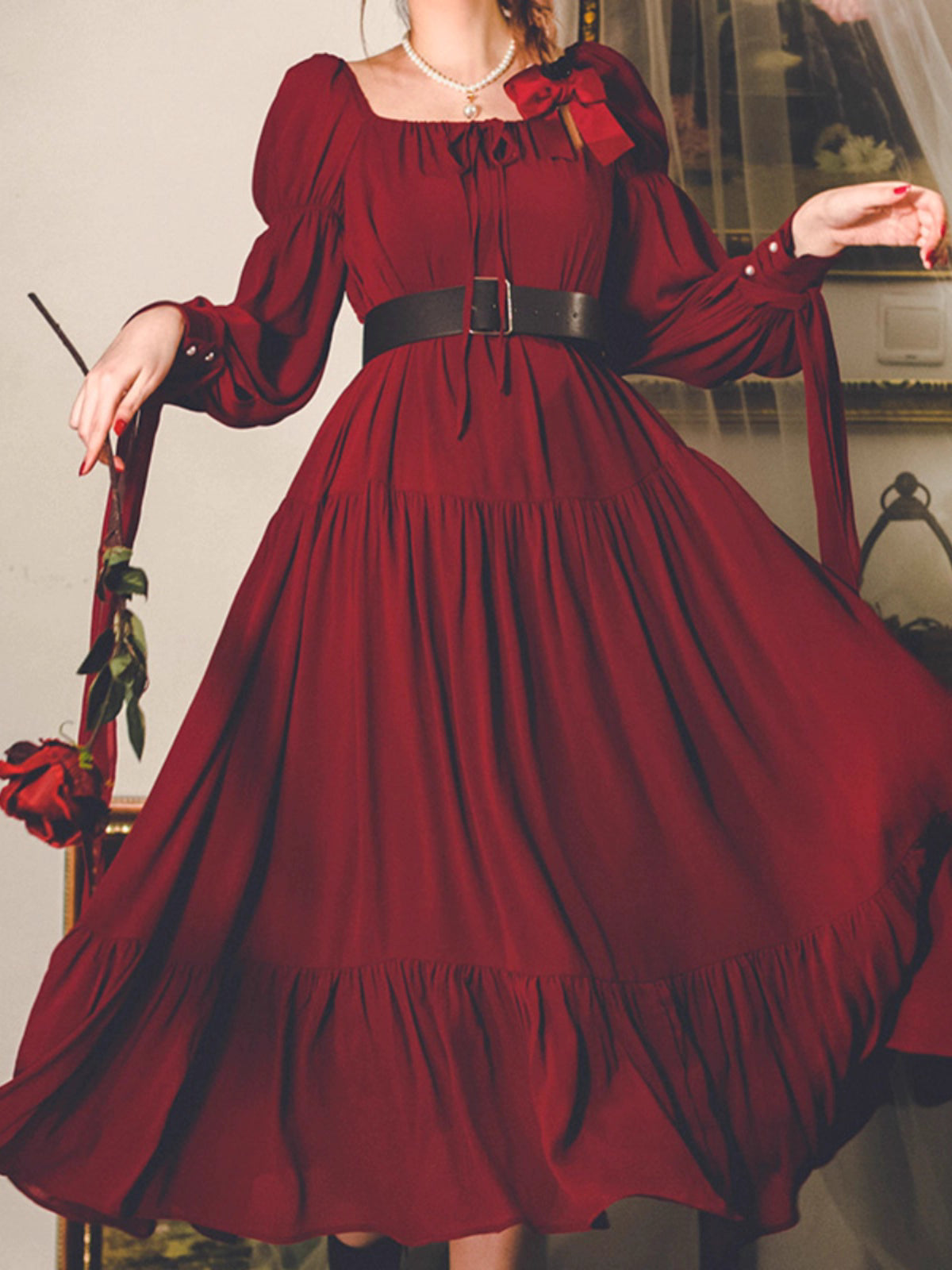 Design Concept:
This Classic Lolita dress in deep red captures the essence of timeless French romance. Featuring a vintage-inspired design with cascading ruffles and a gracefully flared silhouette, it exudes both elegance and sophistication. The fitted high waistline enhances the figure while the flowing hemline adds movement and charm. Perfect for tea parties, formal gatherings, or daily wear when you want to embody a touch of refined vintage beauty.