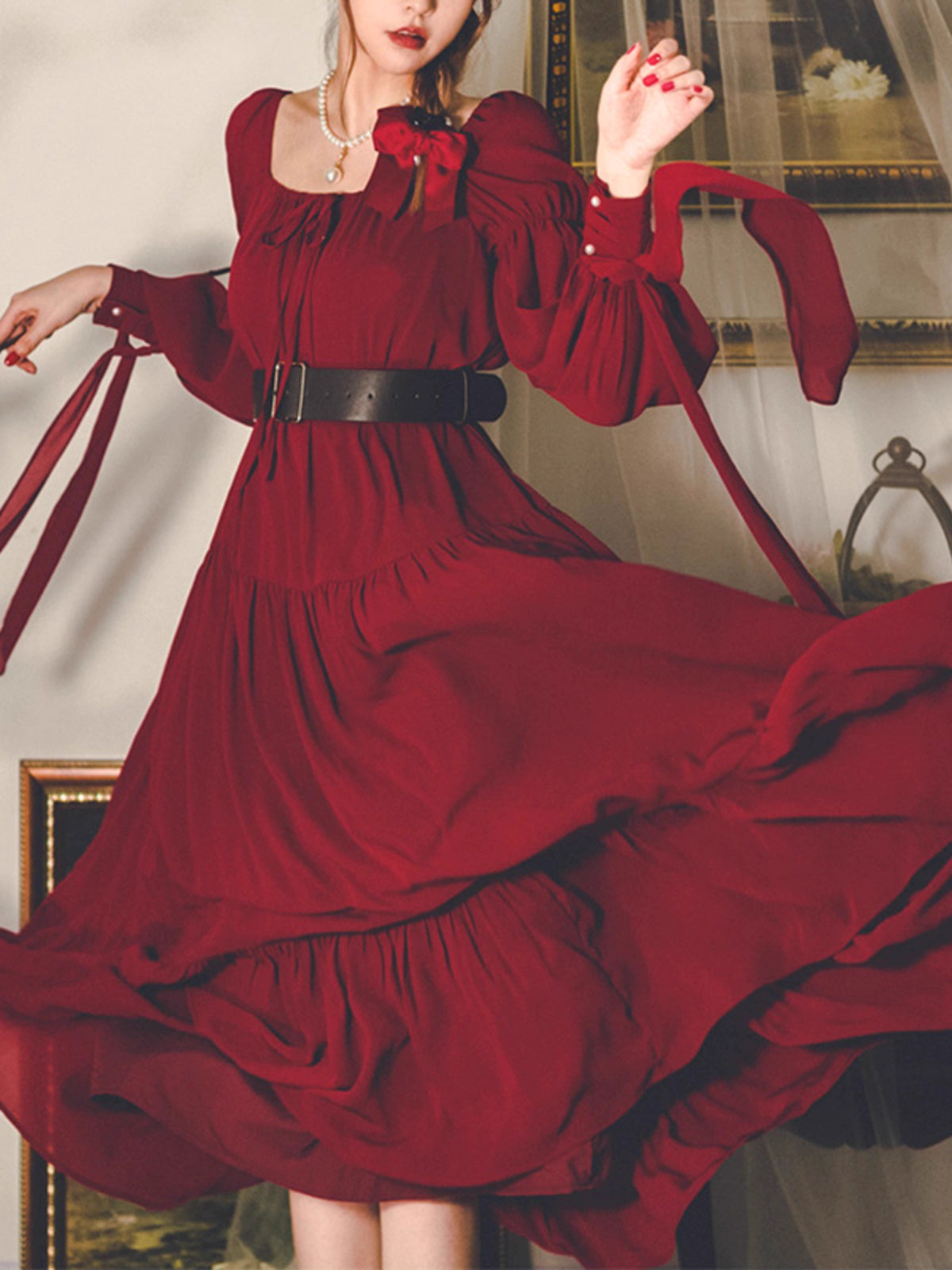 Design Concept:
This Classic Lolita dress in deep red captures the essence of timeless French romance. Featuring a vintage-inspired design with cascading ruffles and a gracefully flared silhouette, it exudes both elegance and sophistication. The fitted high waistline enhances the figure while the flowing hemline adds movement and charm. Perfect for tea parties, formal gatherings, or daily wear when you want to embody a touch of refined vintage beauty.