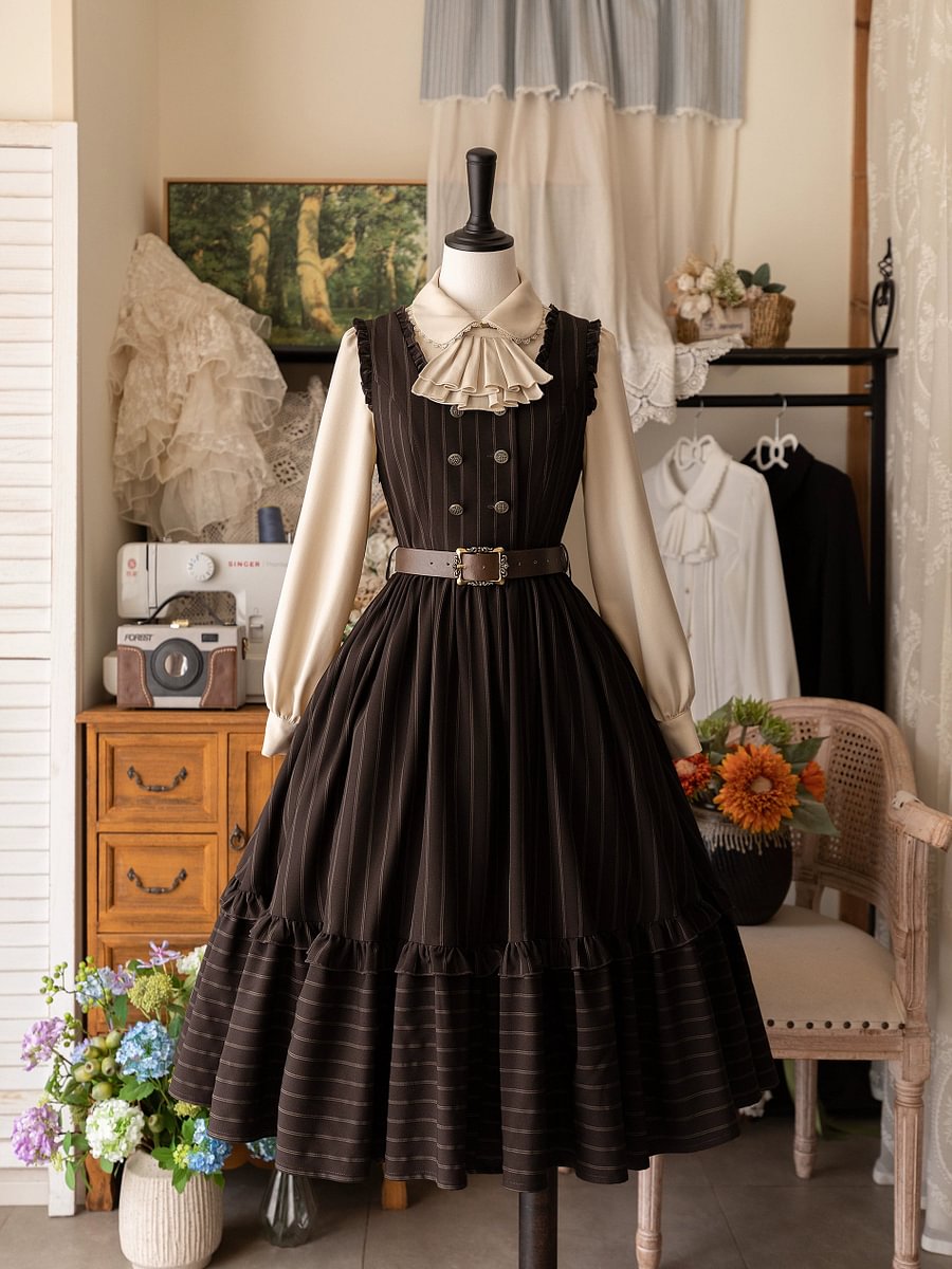 Classic Lolita French Victorian JSK Flounce Dress Green Blue Black Elegant Long Sleeve