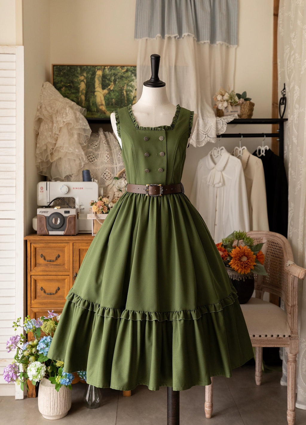 Classic Lolita French Victorian JSK Flounce Dress Green Blue Black Elegant Long Sleeve