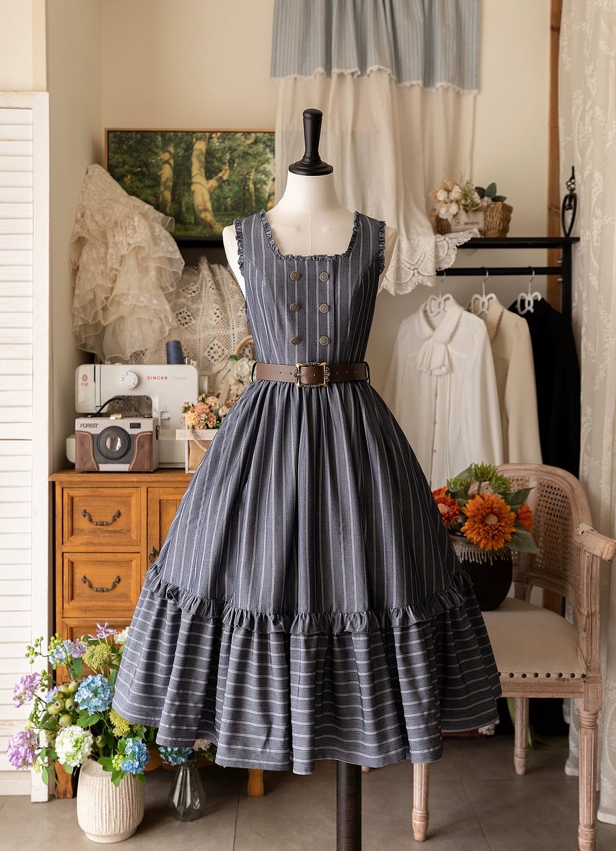 Classic Lolita French Victorian JSK Flounce Dress Green Blue Black Elegant Long Sleeve
