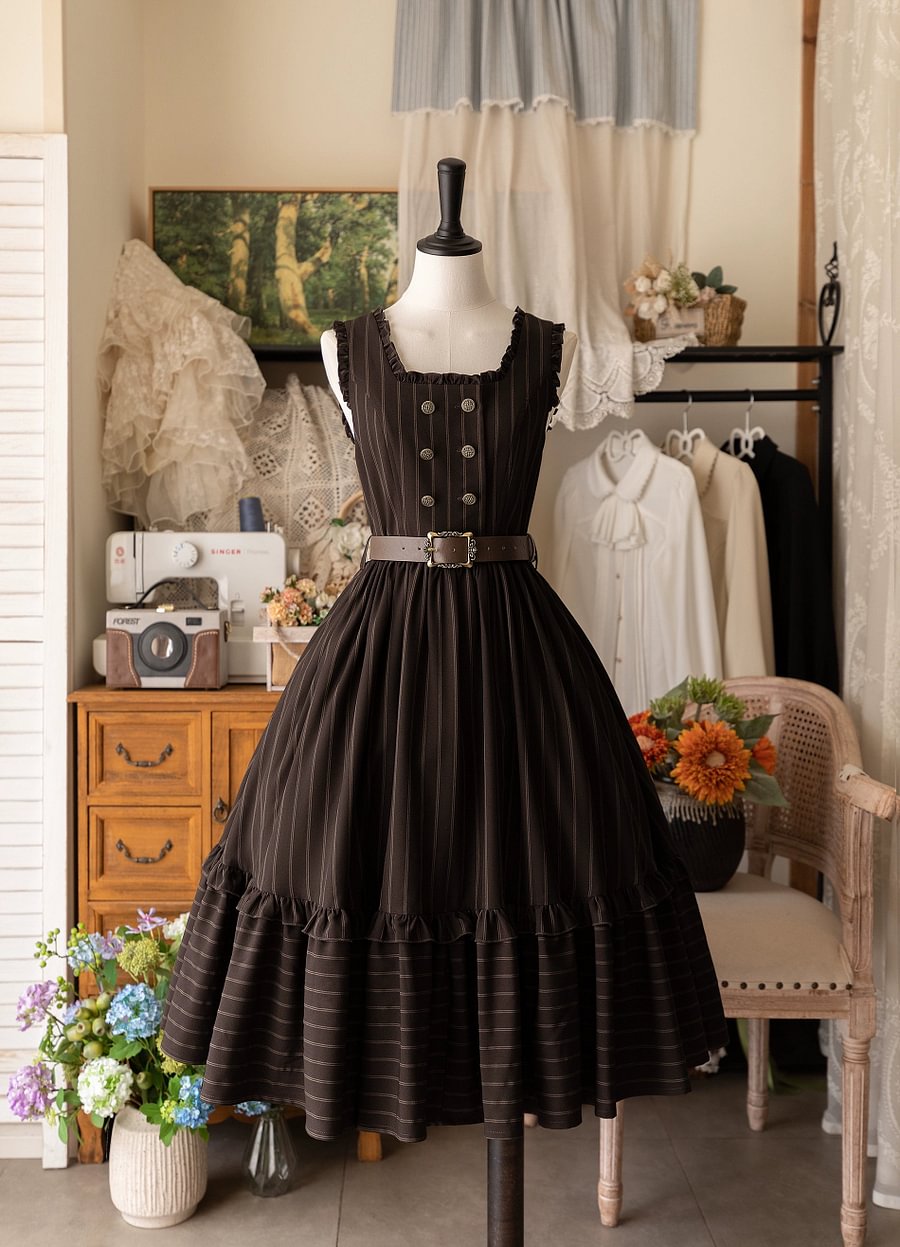 Classic Lolita French Victorian JSK Flounce Dress Green Blue Black Elegant Long Sleeve
