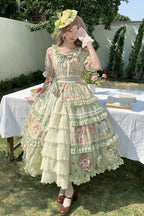 The Green Print Lolita Dress is designed to showcase classic sweetness with a touch of elegance. Featuring short sleeves and a light cardigan-style overlay, it combines comfort with refined detail. Delicate ruffles, bowknot accents, and soft printed patterns create a graceful, layered silhouette. The fresh green tone enhances its lively yet sophisticated charm, making it perfect for daily wear, tea parties, or special gatherings in true Lolita style.
