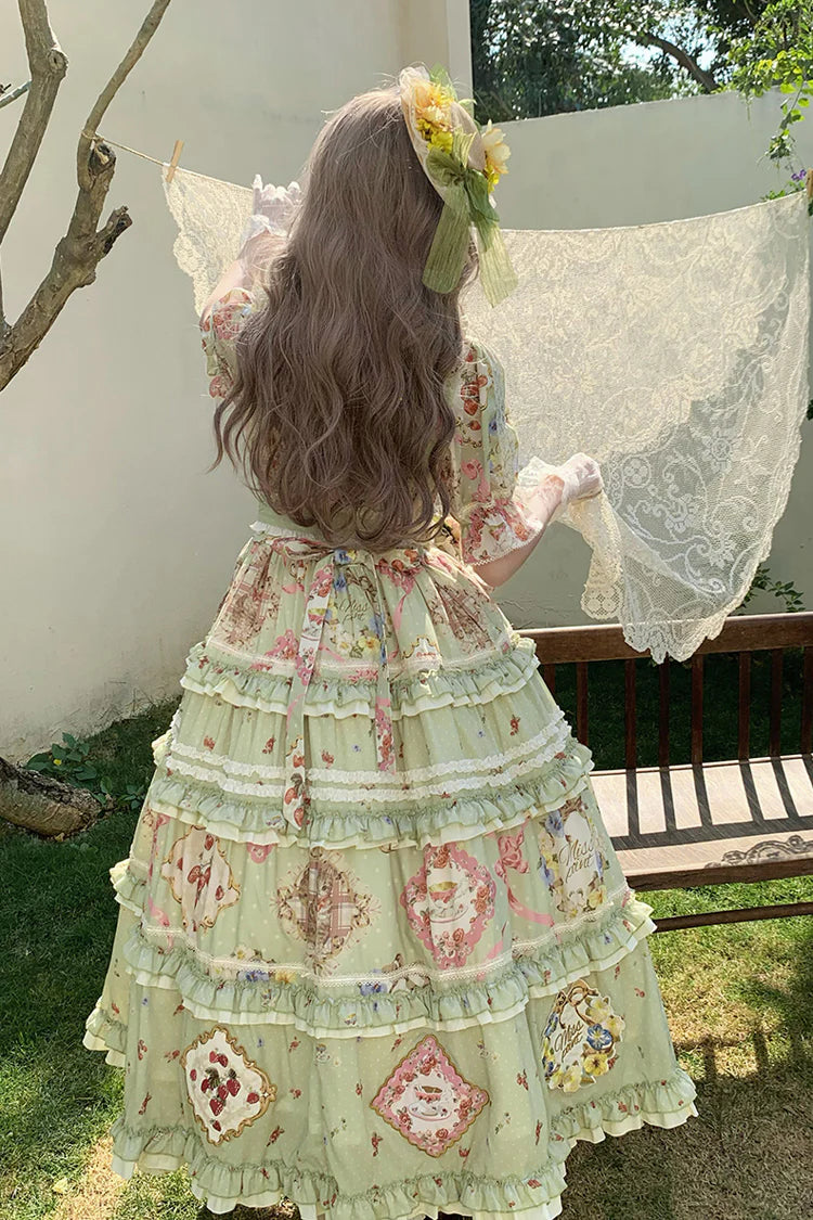 The Green Print Lolita Dress is designed to showcase classic sweetness with a touch of elegance. Featuring short sleeves and a light cardigan-style overlay, it combines comfort with refined detail. Delicate ruffles, bowknot accents, and soft printed patterns create a graceful, layered silhouette. The fresh green tone enhances its lively yet sophisticated charm, making it perfect for daily wear, tea parties, or special gatherings in true Lolita style.