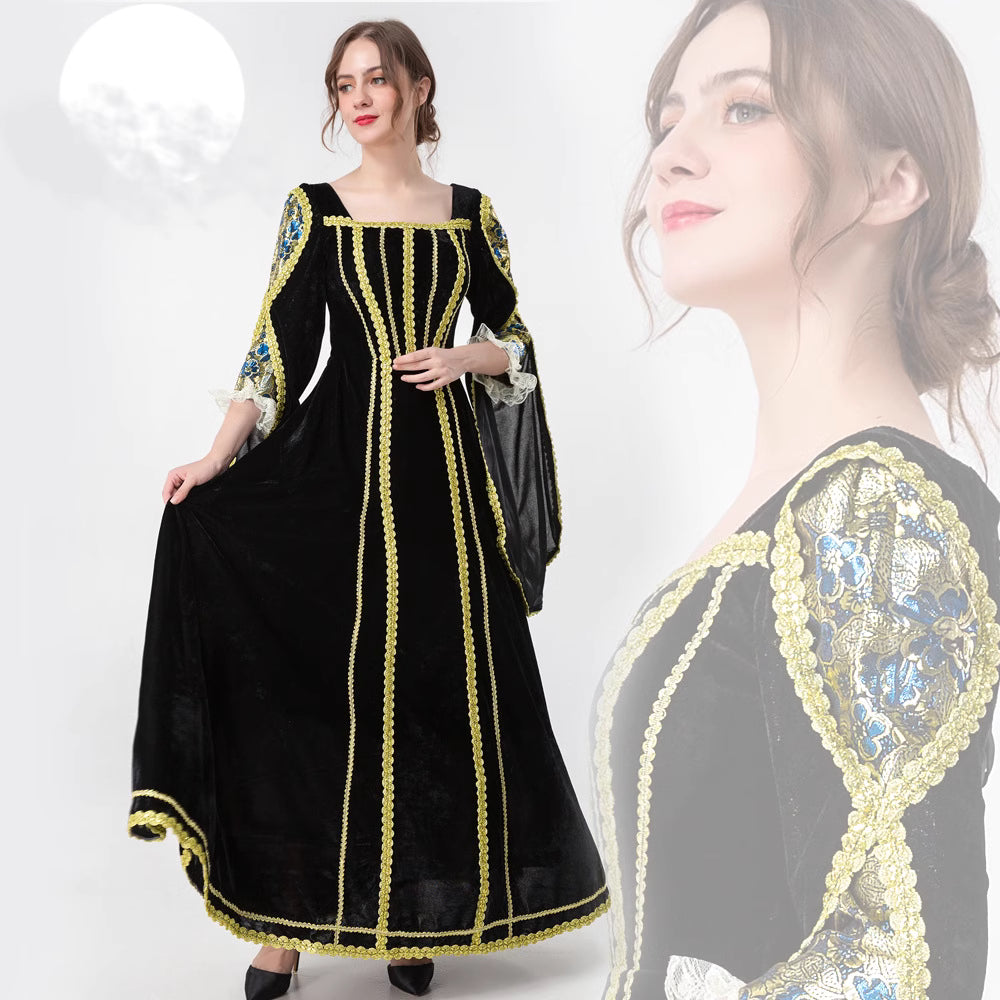 This Classic Lolita Noble Queen Costume embodies the grandeur of a royal queen with its majestic black and gold palette. The luxurious fabric, ornate details, and flowing palace-inspired silhouette exude an air of elegance, dignity, and authority. Perfect for Halloween, stage performances, or grand masquerade balls, this gown transforms the wearer into a regal figure of timeless beauty and commanding presence.