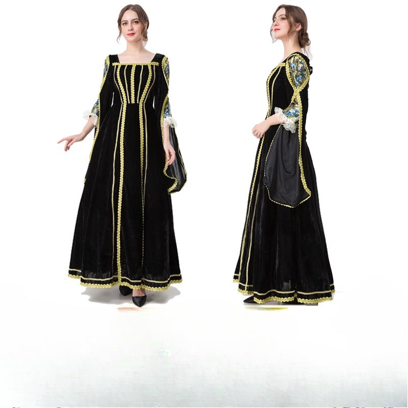 This Classic Lolita Noble Queen Costume embodies the grandeur of a royal queen with its majestic black and gold palette. The luxurious fabric, ornate details, and flowing palace-inspired silhouette exude an air of elegance, dignity, and authority. Perfect for Halloween, stage performances, or grand masquerade balls, this gown transforms the wearer into a regal figure of timeless beauty and commanding presence.