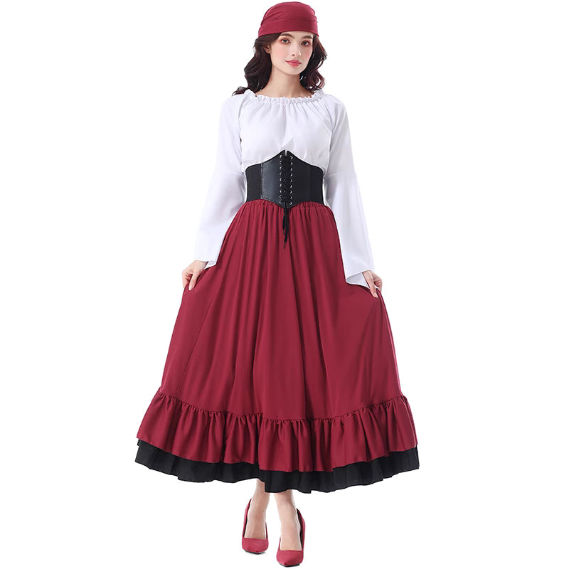 The Classic Lolita Pirate Costume blends vintage medieval elegance with adventurous pirate charm. Designed with ruffled details, a flowing long skirt, and a matching headscarf, it evokes the spirit of Caribbean beauty and gothic fantasy. Perfect for Halloween, cosplay, or stage performances, this outfit combines Lolita sweetness with bold pirate allure for a truly captivating look.
