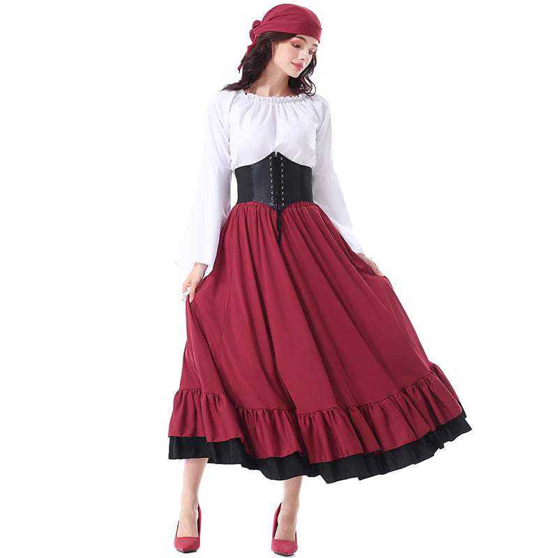 The Classic Lolita Pirate Costume blends vintage medieval elegance with adventurous pirate charm. Designed with ruffled details, a flowing long skirt, and a matching headscarf, it evokes the spirit of Caribbean beauty and gothic fantasy. Perfect for Halloween, cosplay, or stage performances, this outfit combines Lolita sweetness with bold pirate allure for a truly captivating look.