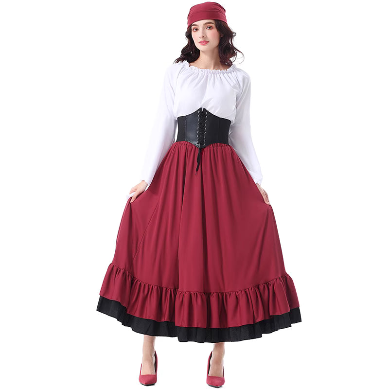 The Classic Lolita Pirate Costume blends vintage medieval elegance with adventurous pirate charm. Designed with ruffled details, a flowing long skirt, and a matching headscarf, it evokes the spirit of Caribbean beauty and gothic fantasy. Perfect for Halloween, cosplay, or stage performances, this outfit combines Lolita sweetness with bold pirate allure for a truly captivating look.