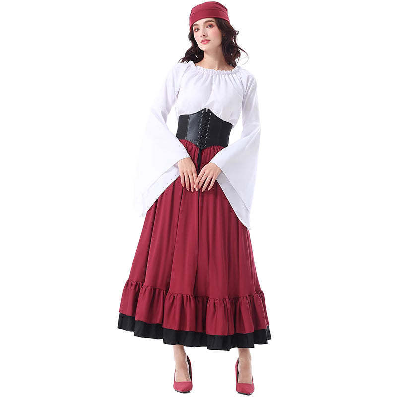 The Classic Lolita Pirate Costume blends vintage medieval elegance with adventurous pirate charm. Designed with ruffled details, a flowing long skirt, and a matching headscarf, it evokes the spirit of Caribbean beauty and gothic fantasy. Perfect for Halloween, cosplay, or stage performances, this outfit combines Lolita sweetness with bold pirate allure for a truly captivating look.