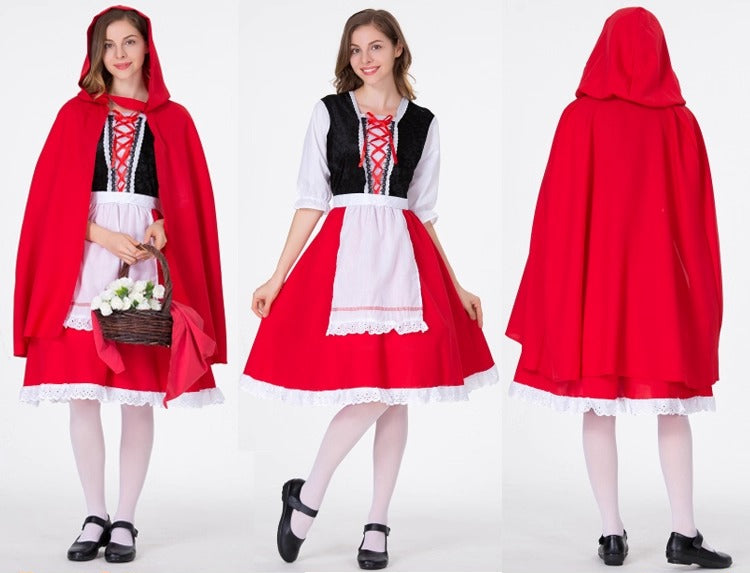 Inspired by the classic fairy tale of Little Red Riding Hood, this costume blends a playful princess dress silhouette with a Halloween twist. The vibrant red tones highlight innocence and charm, while the storytelling elements of the Big Bad Wolf and Grandma character add dramatic flair for stage performances, cosplay, or themed parties. Designed to be both eye-catching and theatrical, it’s perfect for embodying the enchanting yet mysterious world of dark fairy tales.