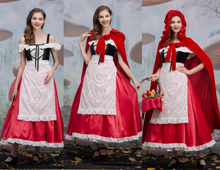 Inspired by the classic fairy tale of Little Red Riding Hood, this costume blends a playful princess dress silhouette with a Halloween twist. The vibrant red tones highlight innocence and charm, while the storytelling elements of the Big Bad Wolf and Grandma character add dramatic flair for stage performances, cosplay, or themed parties. Designed to be both eye-catching and theatrical, it’s perfect for embodying the enchanting yet mysterious world of dark fairy tales.