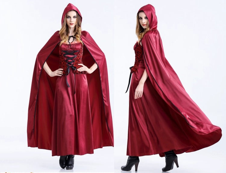 This Classic Lolita Red Riding Hood Costume is designed with an elegant and flowing long red dress, creating a noble and charming princess look. The set includes the signature cloak and detailed stage accessories inspired by the fairy tale, featuring the Big Bad Wolf and Grandma elements. Perfect for Halloween, cosplay, and stage performances, it blends graceful Lolita elegance with dramatic storytelling, making it both eye-catching and atmospheric.