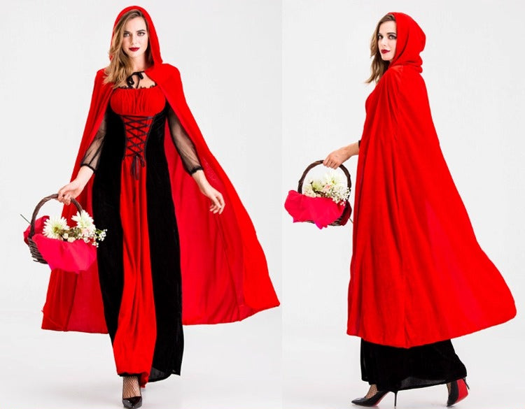 This Classic Lolita Red Riding Hood Costume is designed with an elegant and flowing long red dress, creating a noble and charming princess look. The set includes the signature cloak and detailed stage accessories inspired by the fairy tale, featuring the Big Bad Wolf and Grandma elements. Perfect for Halloween, cosplay, and stage performances, it blends graceful Lolita elegance with dramatic storytelling, making it both eye-catching and atmospheric.