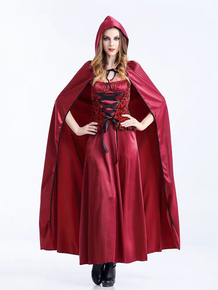 Classic Lolita Halloween Women Elegant Red Long Princess Cosplay Set with Big Bad Wolf and Grandma Stage Outfit