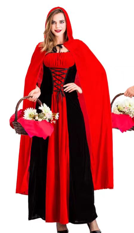 Classic Lolita Halloween Women Elegant Red Long Princess Cosplay Set with Big Bad Wolf and Grandma Stage Outfit