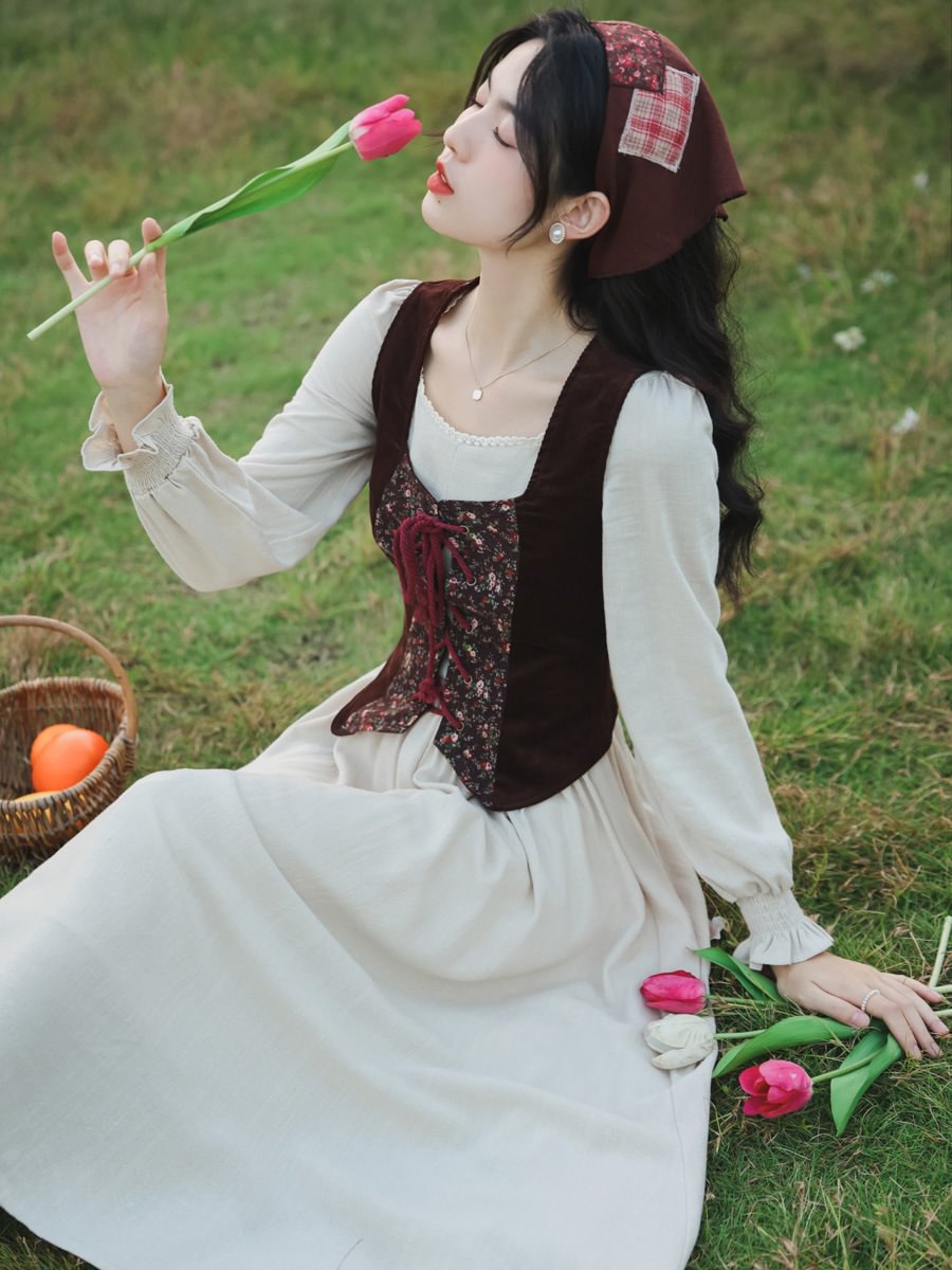 Classic Lolita Apricot Idyllic Set Vintage Long Dress for Daily Wear Light Lolita