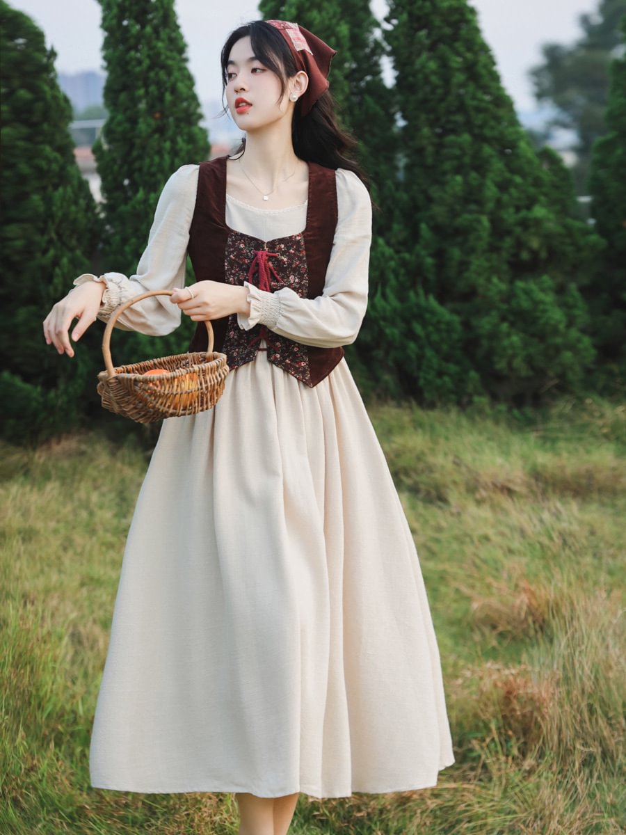 Classic Lolita Apricot Idyllic Set Vintage Long Dress for Daily Wear Light Lolita