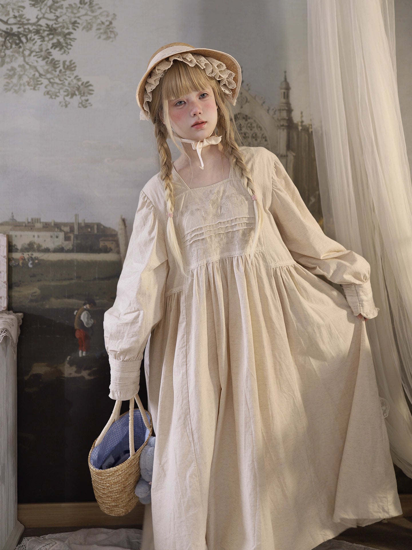 Inspired by Renaissance elegance, this dress reimagines courtly beauty with a modern bohemian touch. The square neckline and ornate floral embroidery frame the décolletage, while voluminous puff sleeves and a flowing silhouette balance drama with effortless comfort. Lightweight fabric ensures graceful movement, making it a poetic tribute to garden parties and springtime romance.