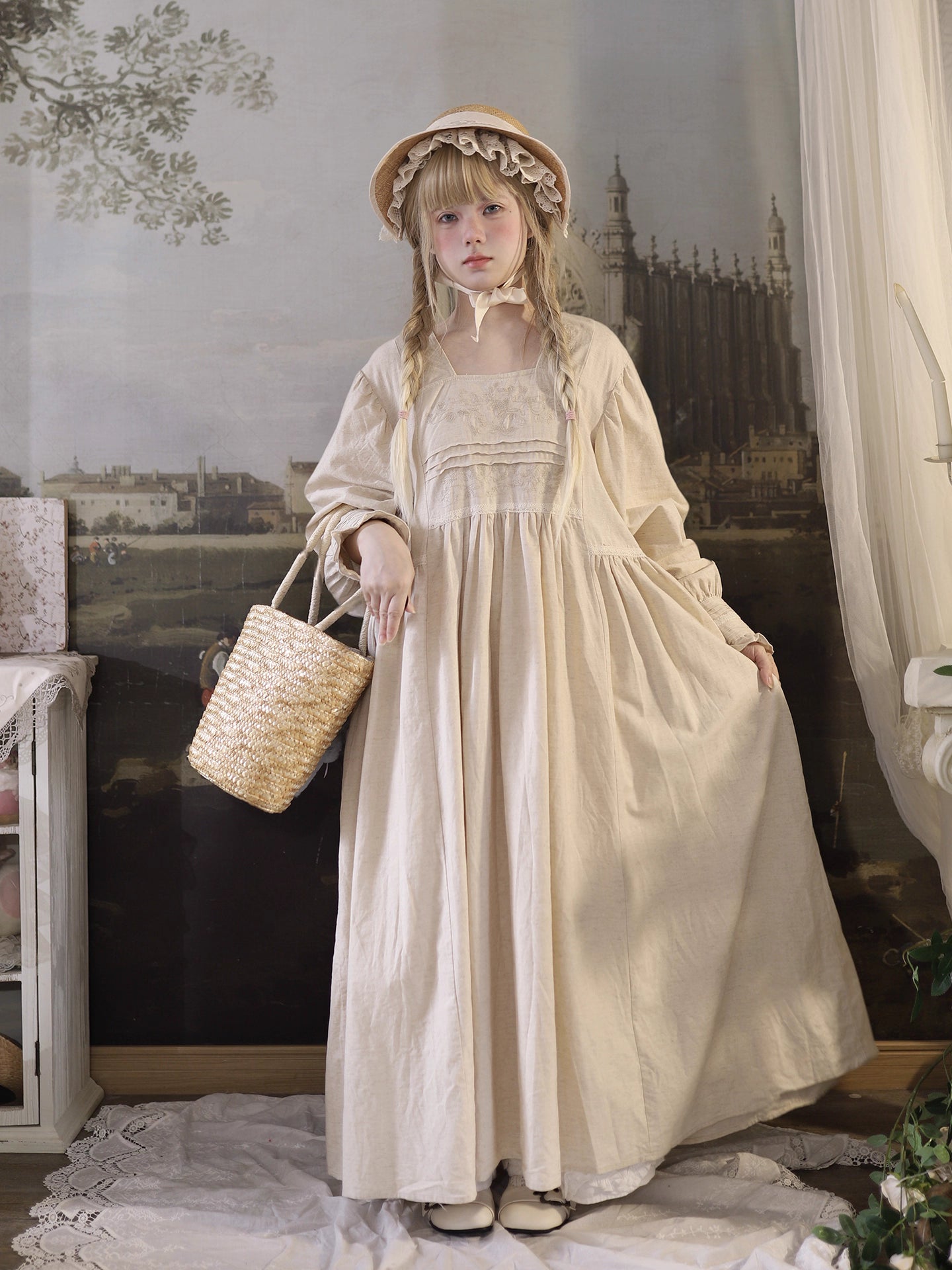Inspired by Renaissance elegance, this dress reimagines courtly beauty with a modern bohemian touch. The square neckline and ornate floral embroidery frame the décolletage, while voluminous puff sleeves and a flowing silhouette balance drama with effortless comfort. Lightweight fabric ensures graceful movement, making it a poetic tribute to garden parties and springtime romance.