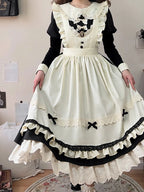 Classic Lolita Maid Outfit Long Dress Apron Bow Lace Black-white Lolita Dress OP