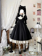 Classic Lolita Maid Outfit Long Dress Apron Bow Lace Black-white Lolita Dress OP