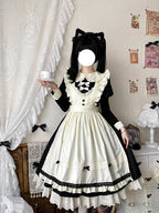 Classic Lolita Maid Outfit Long Dress Apron Bow Lace Black-white Lolita Dress OP