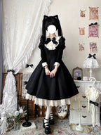Classic Lolita Maid Outfit Long Dress Apron Bow Lace Black-white Lolita Dress OP