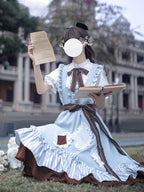 Classic Lolita Patchwork Blue Brown and White Alice Academy Wind Vest Skirt