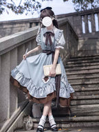Classic Lolita Patchwork Blue Brown and White Alice Academy Wind Vest Skirt