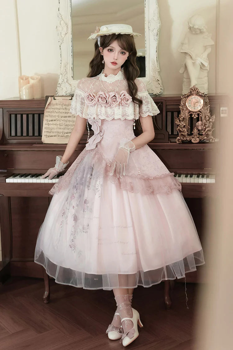 This exquisite Lolita set blends timeless elegance with a touch of modern whimsy. Delicate pink rose embroidery adds a romantic, artisan quality, while the bold asymmetric ruffle hem creates a dynamic and graceful silhouette. Finished with luxurious lace and a classic bowknot, every detail is curated for the sophisticated Lolita who appreciates both sweet charm and refined elegance. This set is designed to make you feel like a living masterpiece, perfectly poised for a garden tea party or any special occasi