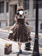 Classic Lolita Plaid Belted Dress Retro Brown Waist Summer Literary Dress Light Lolita