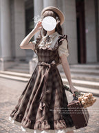Classic Lolita Plaid Belted Dress Retro Brown Waist Summer Literary Dress Light Lolita