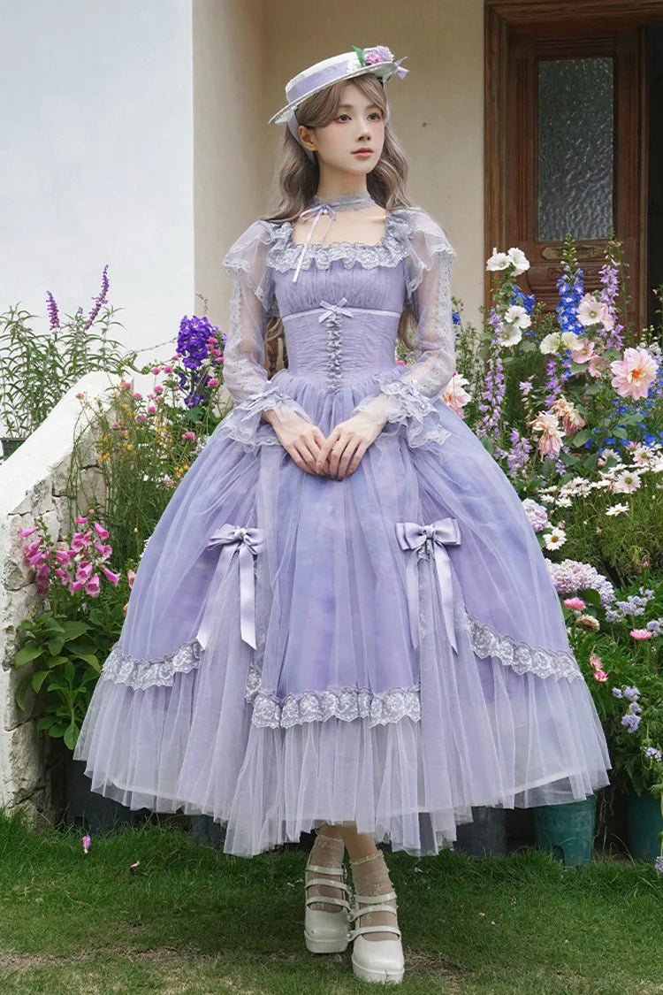 This Purple Square Collar Sweet Lolita Dress blends elegance with a gentle fairytale charm. Designed with long sleeves and a structured fishbone bodice, it creates a flattering and refined silhouette. Ruffle details and delicate lace enhance its romantic softness, while bowknot accents add a playful touch. The rich purple tone conveys both nobility and sweetness, making it perfect for tea parties, gatherings, or special occasions where timeless Lolita grace is desired.