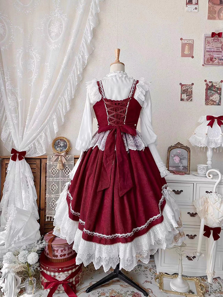 This Red Classic Vintage Doll Lolita JSK Dress is inspired by the elegance of bridal fashion and the sweetness of doll-like charm. The deep red tone conveys romance and nobility, while the structured JSK silhouette highlights a graceful figure. Delicate lace and vintage details add refinement, making it perfect for tea parties, weddings, or special occasions. Designed to blend timeless elegance with Lolita’s dreamy aesthetic, this dress captures both beauty and sophistication.