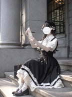 Classic Lolita Ruffled Black White Dress College Style British Retro Summer Light Lolita