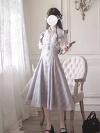 Classic Lolita Ruffled Hem Lavender Plaid Dress Japanese Bud School Dress Lady Strap Dress Shirt