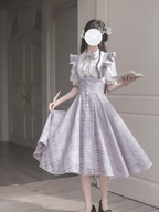 Classic Lolita Ruffled Hem Lavender Plaid Dress Japanese Bud School Dress Lady Strap Dress Shirt