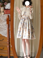 Classic Lolita School - Style Beige Dress Ensemble Printing Retro  Spring Dress Jacket Lolita