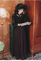 Design Concept:
This Classic Lolita two-piece set features a black lace long-sleeve blouse paired with a deep red striped skirt, drawing inspiration from European vintage court fashion. The harmonious blend of delicate lace and rich wine-red tones creates a look that is both refined and timeless, exuding elegance and a touch of aristocratic charm. Perfect for crafting a dignified Lolita style that balances romantic sophistication with graceful femininity.