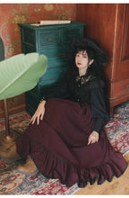 Design Concept:
This Classic Lolita two-piece set features a black lace long-sleeve blouse paired with a deep red striped skirt, drawing inspiration from European vintage court fashion. The harmonious blend of delicate lace and rich wine-red tones creates a look that is both refined and timeless, exuding elegance and a touch of aristocratic charm. Perfect for crafting a dignified Lolita style that balances romantic sophistication with graceful femininity.