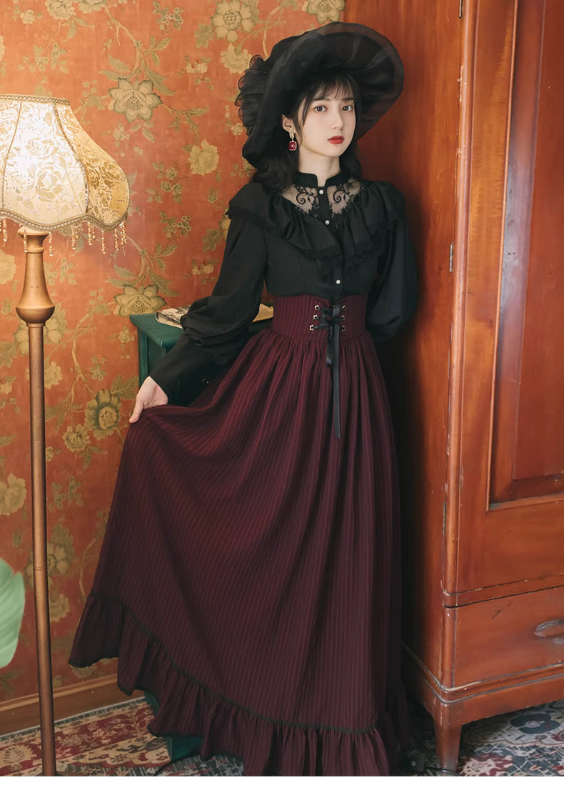 Design Concept:
This Classic Lolita two-piece set features a black lace long-sleeve blouse paired with a deep red striped skirt, drawing inspiration from European vintage court fashion. The harmonious blend of delicate lace and rich wine-red tones creates a look that is both refined and timeless, exuding elegance and a touch of aristocratic charm. Perfect for crafting a dignified Lolita style that balances romantic sophistication with graceful femininity.