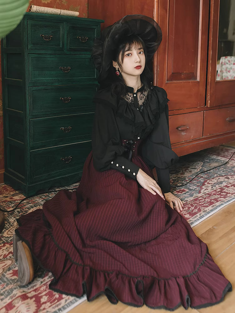 Design Concept:
This Classic Lolita two-piece set features a black lace long-sleeve blouse paired with a deep red striped skirt, drawing inspiration from European vintage court fashion. The harmonious blend of delicate lace and rich wine-red tones creates a look that is both refined and timeless, exuding elegance and a touch of aristocratic charm. Perfect for crafting a dignified Lolita style that balances romantic sophistication with graceful femininity.