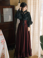Design Concept:
This Classic Lolita two-piece set features a black lace long-sleeve blouse paired with a deep red striped skirt, drawing inspiration from European vintage court fashion. The harmonious blend of delicate lace and rich wine-red tones creates a look that is both refined and timeless, exuding elegance and a touch of aristocratic charm. Perfect for crafting a dignified Lolita style that balances romantic sophistication with graceful femininity.