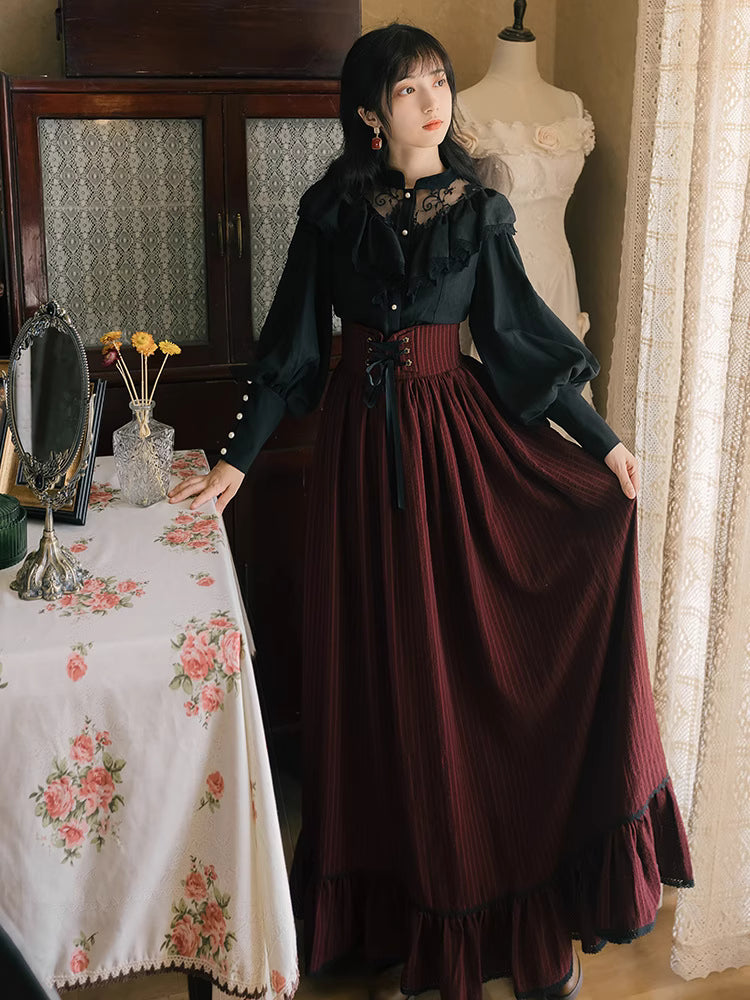 Design Concept:
This Classic Lolita two-piece set features a black lace long-sleeve blouse paired with a deep red striped skirt, drawing inspiration from European vintage court fashion. The harmonious blend of delicate lace and rich wine-red tones creates a look that is both refined and timeless, exuding elegance and a touch of aristocratic charm. Perfect for crafting a dignified Lolita style that balances romantic sophistication with graceful femininity.